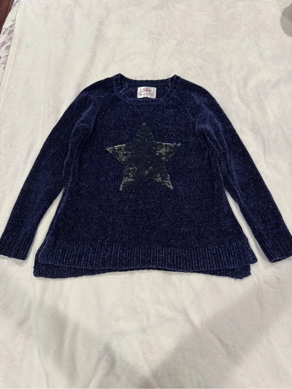 Justice Navy Chenille Sweater with Silver Sequin Star